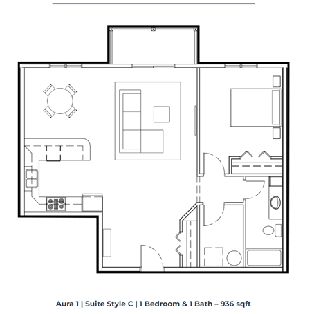 Floor plan for 1 bed, 1 bath, 936 sqft